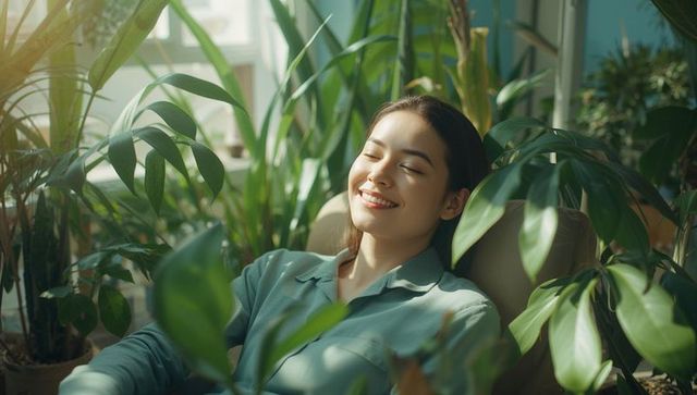 Relaxed woman enjoying indoor plant oasis in sunlit room