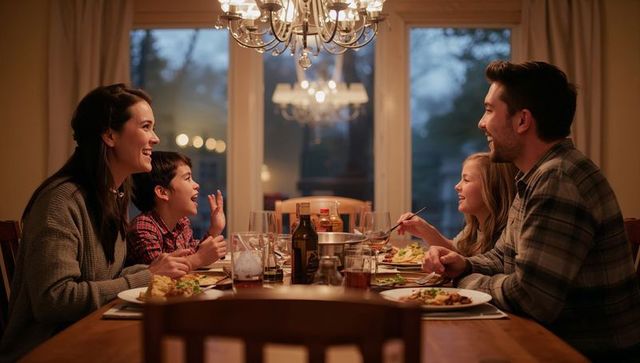 Family sharing cozy dinner under chandelier laughing around wooden dining table