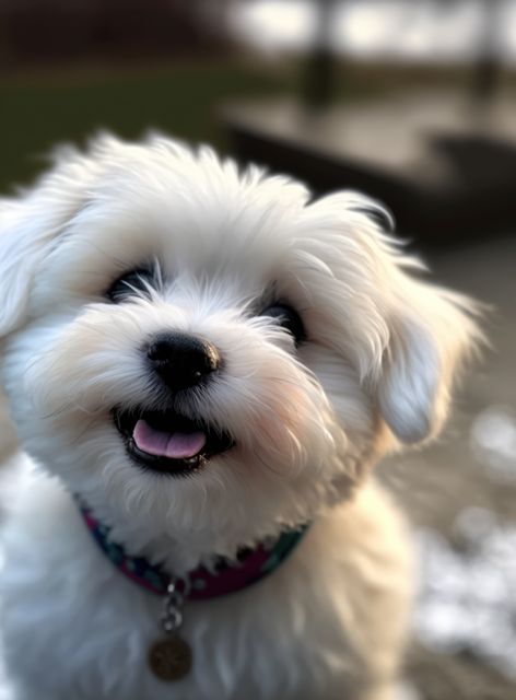Cute and fluffy white dog smiling happily with pink tongue out. Perfect for pet advertisements, pet care blogs, animal lovers' content, and products related to dogs. Ideal for greeting cards, social media posts, or pet-themed promotions.