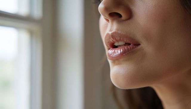 Close-up glossy lips and smooth skin near window natural makeup beauty portrait