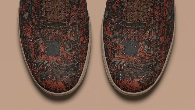Tech circuit slip-ons featuring red circuit board print on black canvas topdown
