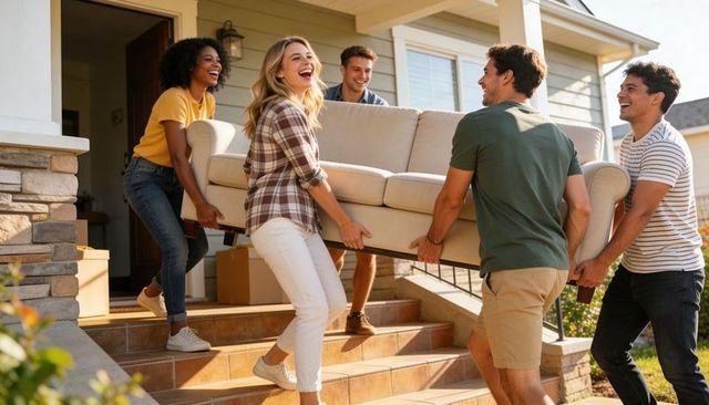 Group of friends carrying sofa down front steps during move laughing together