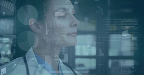 Clinician analyzing digital health dashboards through glass interfaces for clinical care