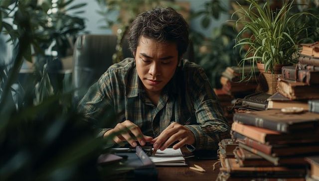 Male researcher measuring paper in plant-filled study with vintage books