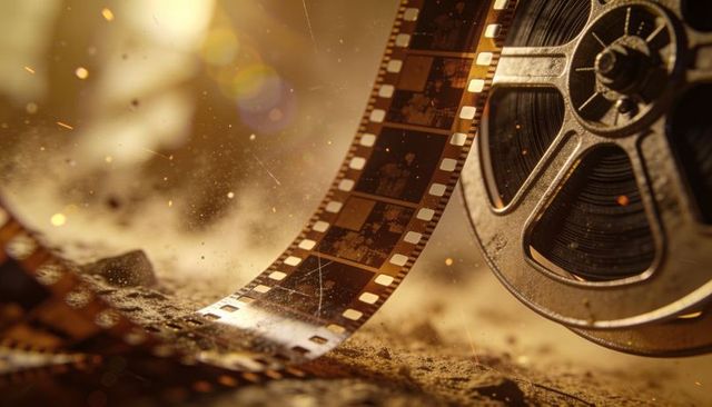 Vintage film reel and unspooled celluloid film with dusty cinematic glow