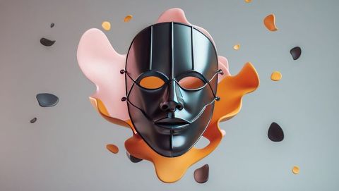 Glossy metallic bank robber mask surrounded by pastel abstract shapes
