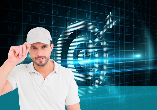 Delivery man adjusting cap with digital target background symbolizing aim and success. Ideal for topics on logistics, delivery services, modern transportation solutions, and business achievements.