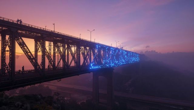 Steel truss bridge spanning twilight cityscape with glowing neon blue ribbon