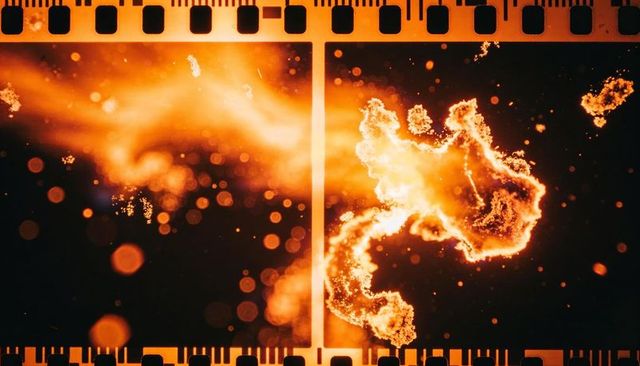 Glowing amber particle cloud streaming across vintage filmstrip frame with cinematic bokeh