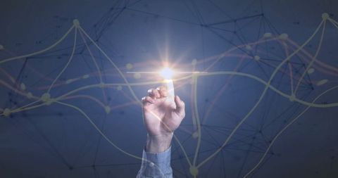 Touching hand and glowing network interface representing digital connection