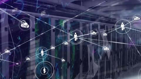 This visually striking representation shows interconnected networks overlaid on computer servers, illustrating the concept of global connectivity and data processing in a digital age. Commonly used in presentations for technology companies, seminars on data management, or promotional content in the field of business finance, this video highlights modern technological communication.