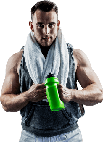 Transparent athletic man holding sports bottle and towel