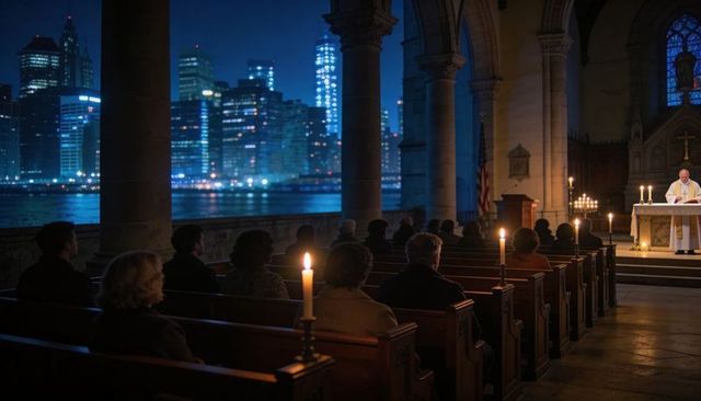 Candlelit waterfront church service at night with city skyline visible through arches