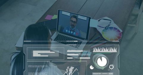 Remote design teamwork with color wheel, laptop video call, creative workspace overhead
