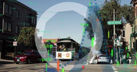 Historic cable car with data overlay on urban street