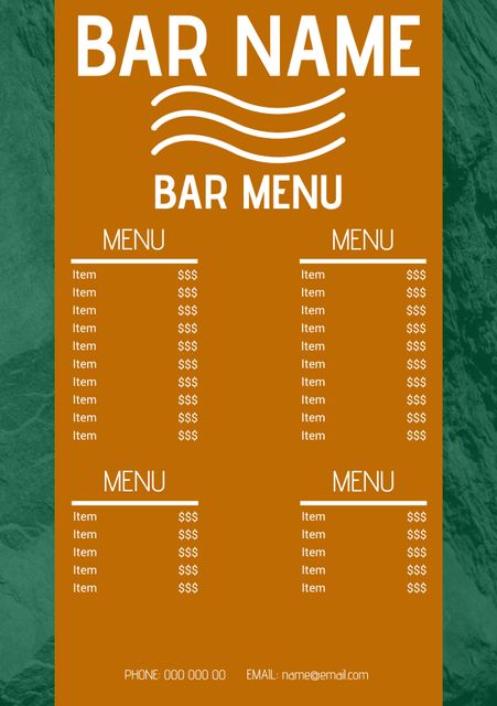 This vibrant bar menu template features a modern design that is perfect for bars, cafes, and restaurants. Easily customize it for events, specials, or the season, capturing attention with its dynamic layout. Ideal for businesses looking to update their menu, highlight unique offerings, or create a visually appealing point of interaction for customers. Suitable for both printed menus and digital displays.