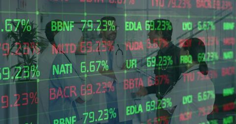 Medical Professionals Discussing in Hospital With Stock Market Overlay
