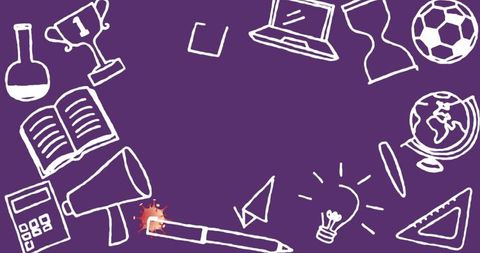 Creative educational icons with glowing pen on purple background