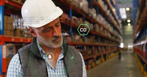 Supervisor monitoring analytics in industrial warehouse with real-time data