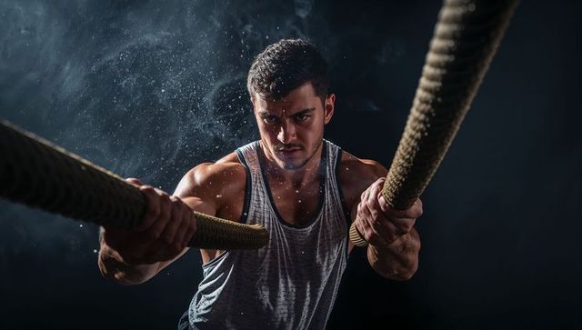 Muscular man powering battle ropes during intense training with backlit chalk particles