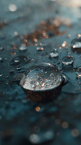 Vertical macro video capturing solitary water droplet moving across reflective wet surface with warm