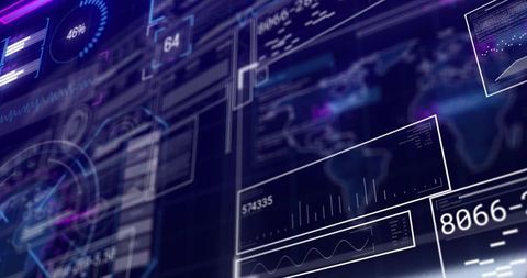 Futuristic HUD Interface Displaying Global Data Streams and Analytics Panels, Neon Holographic UI