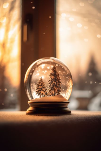 Trees in christmas snow globe with fairy lights by window, created using generative ai technology. Christmas, winter season, tradition, decoration and celebration concept digitally generated image.