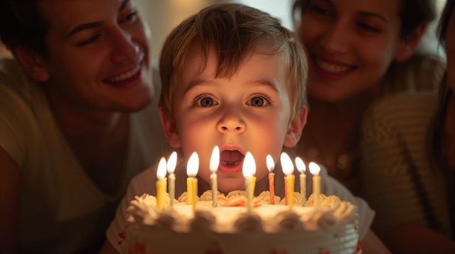 Preschooler Blowing Birthday Candles While Parents Smile in Warm Candlelight Closeup