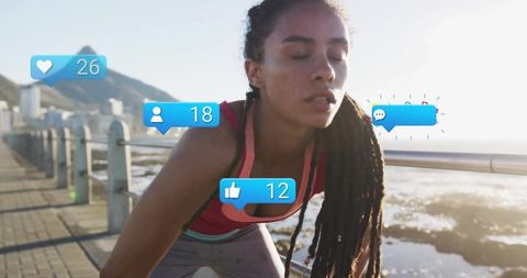 Exhausted female runner with social media notifications overlay