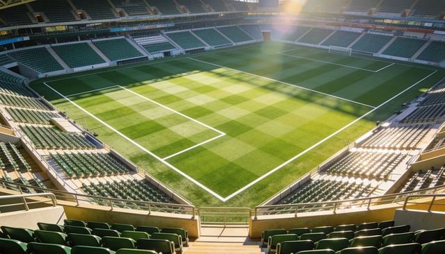 Sunlit empty football stadium featuring checkerboard pitch and crisp mown turf