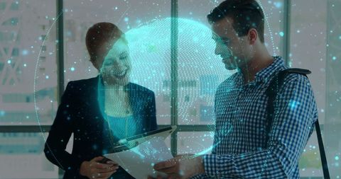 digital globe overlay on business professionals strategizing together - Download Free Stock Images Pikwizard.com