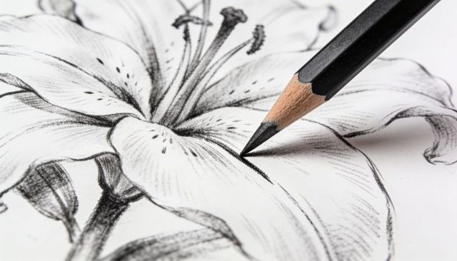 Sketching lily with graphite pencil adding fine detail and soft shading on white paper