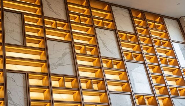 Lit geometric shelving wall with warm led cubbies and marble panels