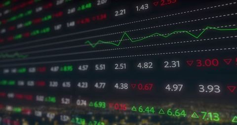 Dynamic financial data overlaid on cityscape background