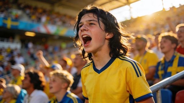 Teen fan cheering passionately in yellow and blue jersey at sunlit soccer stadium