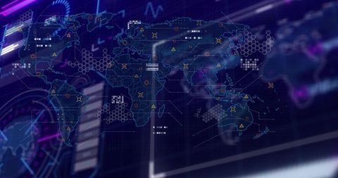 Holographic Global Data Network Map with Hex Clusters, Warning Nodes, Futuristic Dashboard