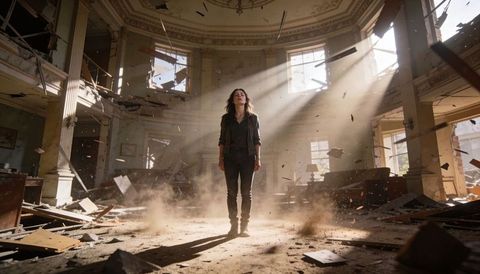 Woman standing in ruined neoclassical hall with sunbeams piercing dust and flying debris