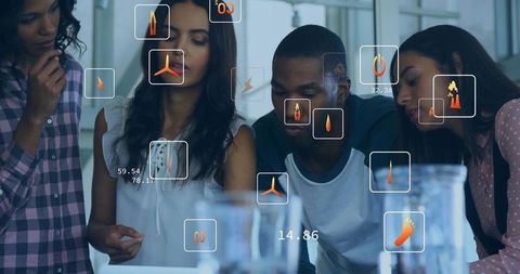 Diverse team collaborating over tablet with augmented analytics hud overlay