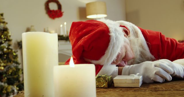 A person dressed as Santa Claus appears exhausted at a table, with lit candles and a small Christmas tree in the background, with copy space. Capturing a moment of holiday fatigue, the image suggests the demanding nature of the festive season.