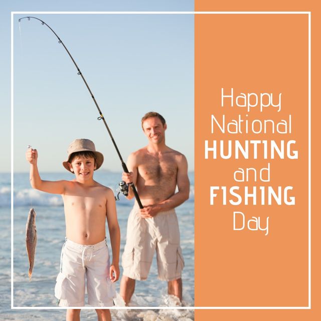 Shirtless caucasian father and son fishing in sea and happy national hunting and fishing day text. Composite, fish, family, together, childhood, recreation, celebration, wildlife conservation.