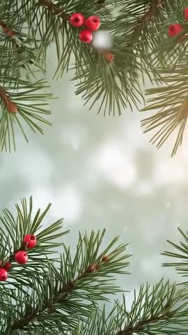 Swaying Pine Branches with Red Berries and Drifting Snow — Vertical Winter Bokeh Loop