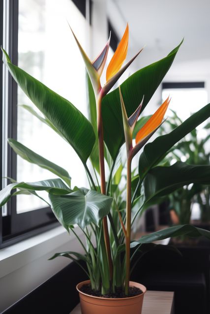 Bird of Paradise plant with vibrant orange bloom placed near window in modern home. Ideal for decor blogs, home improvement websites, and content on interior design trends focusing on natural elements and plants.