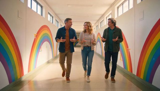 Three teachers walking, chatting and collaborating in school corridor with rainbow murals