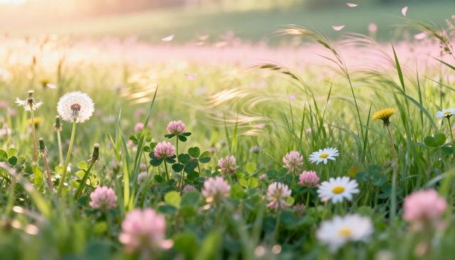 Sunlit meadow blooming with pink clover, white daisies and dandelion puff at golden hour
