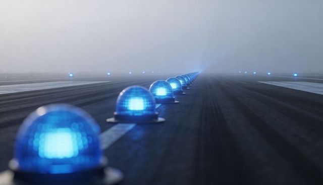 Guiding blue runway centerline lights stretching into foggy airfield horizon