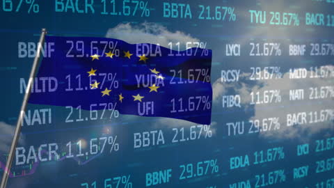 EU Flag Overlaid with Stock Market Data and Clouded Sky