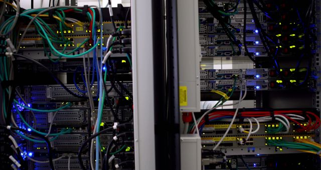 Data center server racks with various cables and connections illuminated by network lights. This image is ideal for illustrating technology infrastructure, internet networks, and modern data storage systems. Use for articles, presentations, or websites related to IT, data protection, and networking equipment.