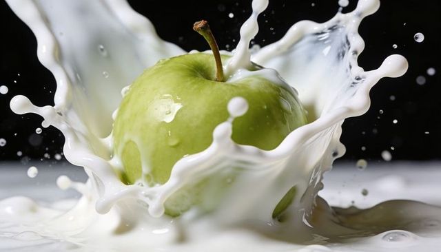 Green apple plunging into milk creating dramatic crown splash