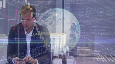 Businessman Analyzing Global Financial Data with Network Overlay