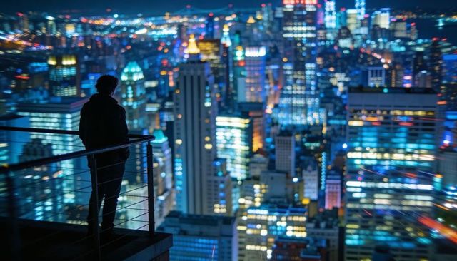 Silhouette man gazing over neon city skyline from rooftop rail at night — urban solitude